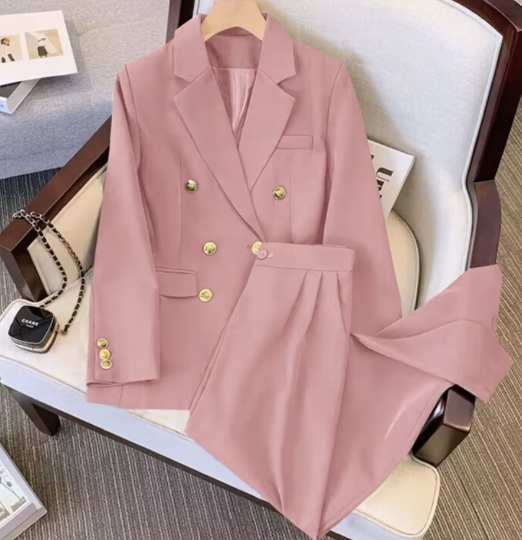 Women's double-breasted office suit hot-selling casual spring and autumn two-piece set clothes button decoration women's solid color set