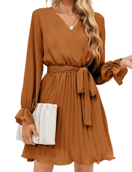 Elegant casual v-neck pleated mini dress with belt women's long-sleeved fashion dress solid pattern natural waistline