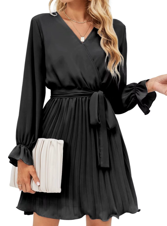 Elegant casual v-neck pleated mini dress with belt women's long-sleeved fashion dress solid pattern natural waistline