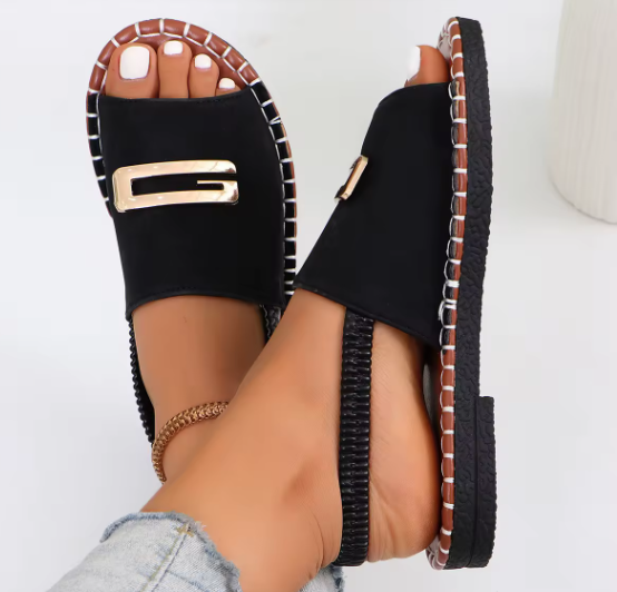 Women's New Summer Flat Cross-Border Large Size Beach Shoes Elastic Cloth Metal Decorations Outdoor Style