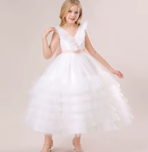 Elegant baby girl princess birthday party dress, lace cake flower three-dimensional pattern 