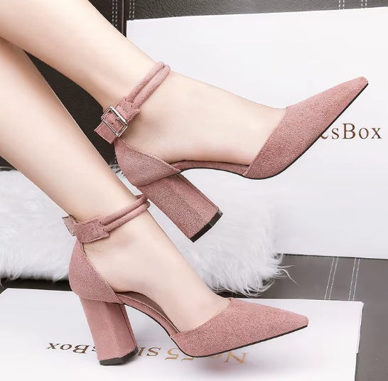 New Version with Ankle square High Heels. Spring and Summer New Pointy Shallow Mouth Thick Heel Women Sandal Single Shoes