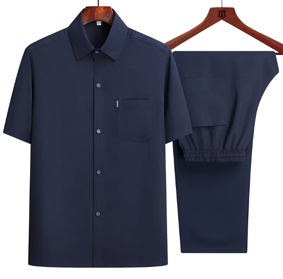 Men's Short Sleeve Shirt + Long Pants Suits Summer Clothes Lapel Button Solid Color 2 Piece Set Breathable Men's Casual Suits