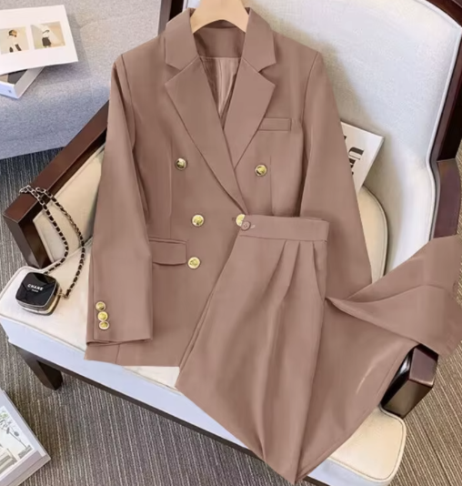 Women's double-breasted office suit hot-selling casual spring and autumn two-piece set clothes button decoration women's solid color set