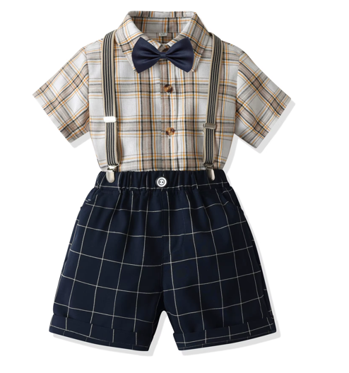 Children's summer suit boys formal striped design 100% cotton short-sleeved suit