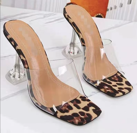 Crystal slippers Women Wear a Line of Transparent Tape Leopard Print High Sandals