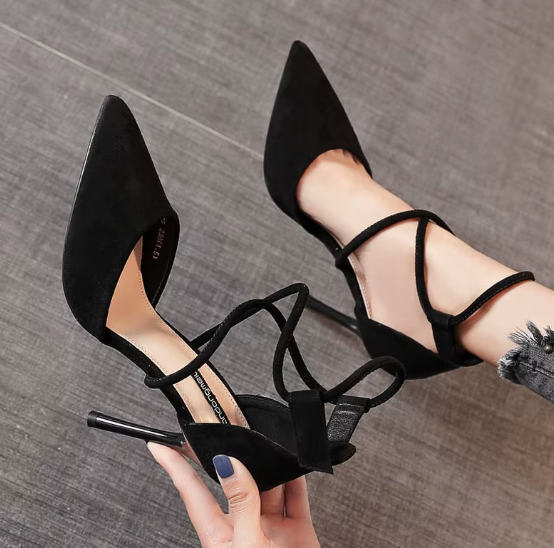 Fashion Sandals Open Sandal Solid Color Suede Pointed Toe Hollow Ankle Cross Straps Women Dress Pumps Heel Shoes