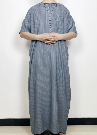  Embroidery Robe Men Short Sleeve Design Multi-Pockets Turbans Abaya Embossed 