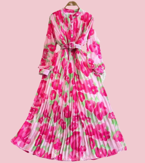 2025 Flower pleated dress women's high-quality standing bag casual party style digital print beach, medium-length breathable.