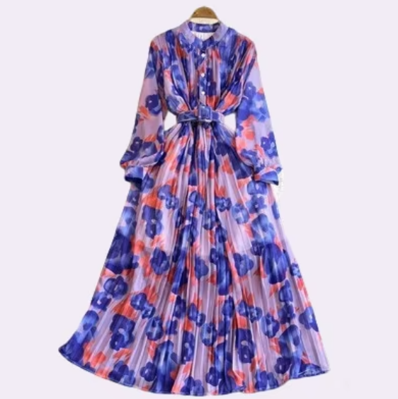 2025 Flower pleated dress women's high-quality standing bag casual party style digital print beach, medium-length breathable.