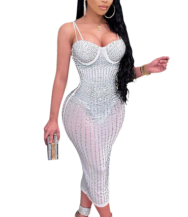 Sexy sequin glitter crystal Midi dress women's sleeveless strap close-up party club dress