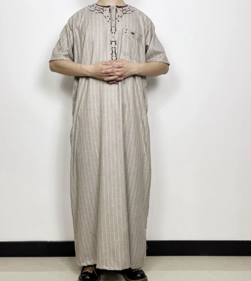  Embroidery Robe Men Short Sleeve Design Multi-Pockets Turbans Abaya Embossed 