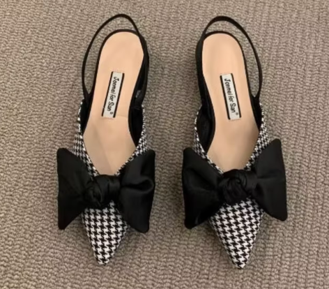 Luxury Thick Heel Bowknot Closed Toe Flat Sandals New Spring Summer Women's Black Polka Dot Low Heel Pumps Shoes