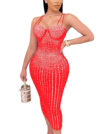 Sexy sequin glitter crystal Midi dress women's sleeveless strap close-up party club dress