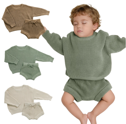  Certified 100% Organic Cotton Baby Sweater Jumpsuit and Shorts Set