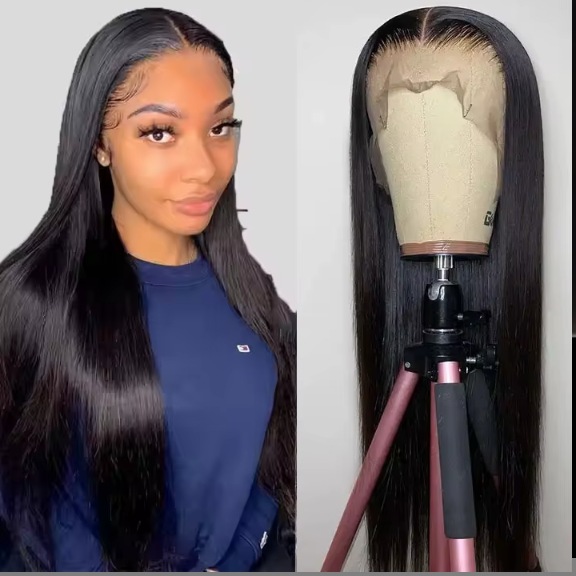 13*4 100% human hair straight wig women's full head long straight hair bangs