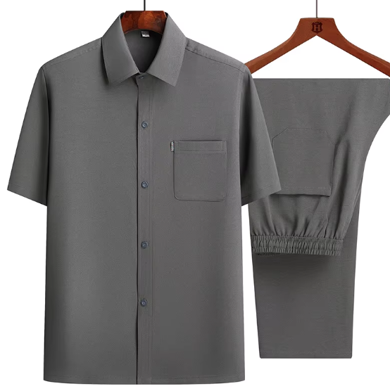 Men's Short Sleeve Shirt + Long Pants Suits Summer Clothes Lapel Button Solid Color 2 Piece Set Breathable Men's Casual Suits