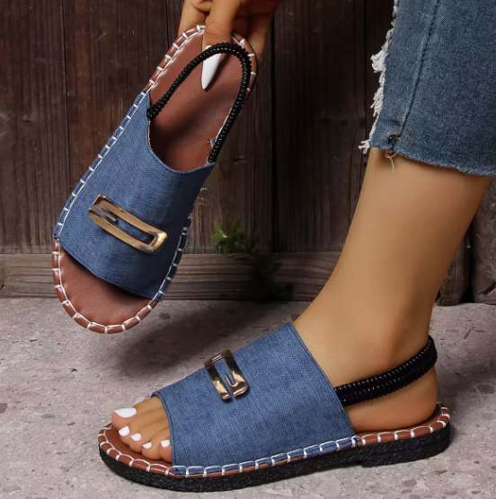 Women's New Summer Flat Cross-Border Large Size Beach Shoes Elastic Cloth Metal Decorations Outdoor Style