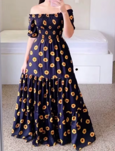 Wholesale elegant and sexy summer women's dress Maxi dress straight shoulder floral dress casual girl's dress