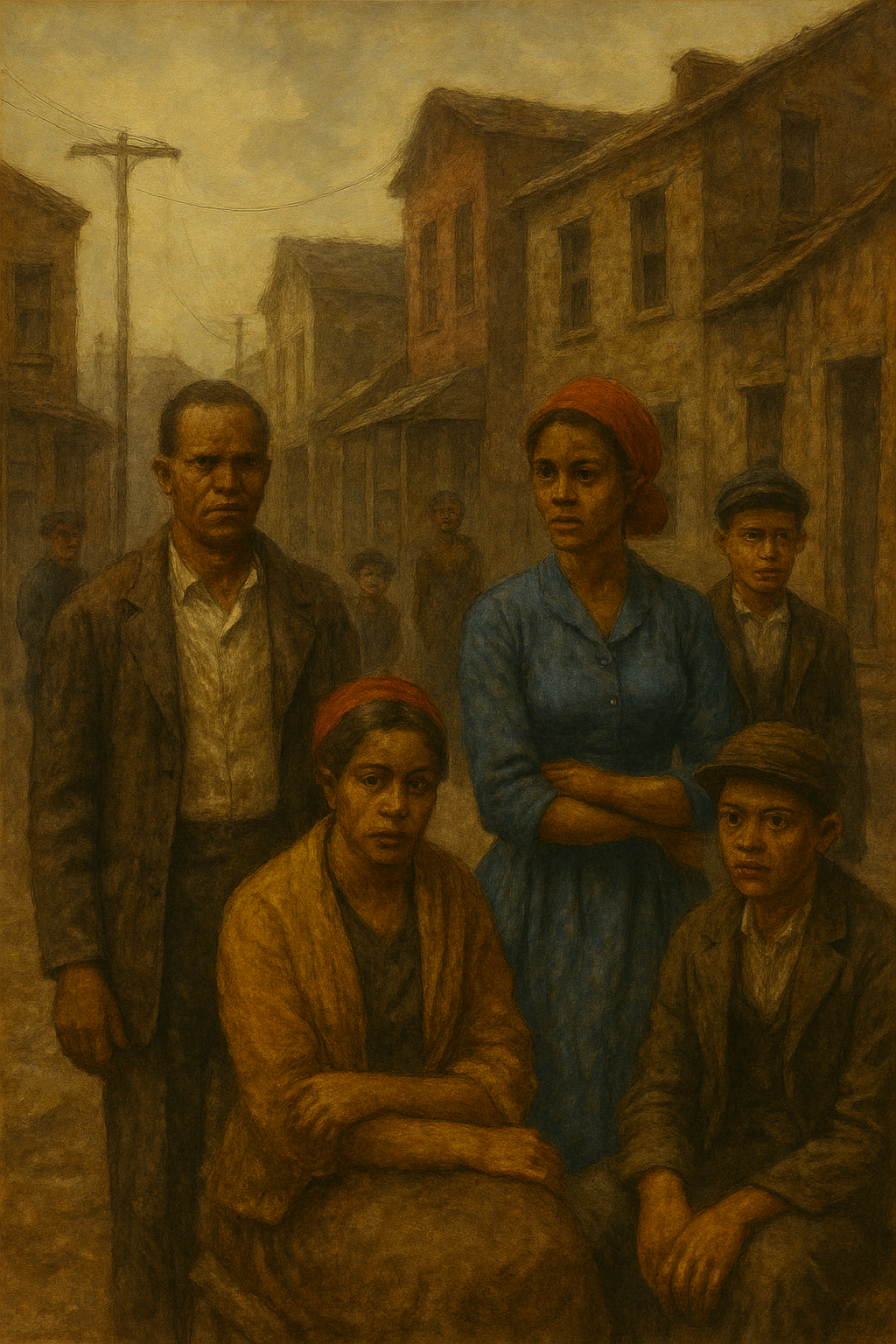 Vintage Family Street Scene Oil Painting Wall-Paper