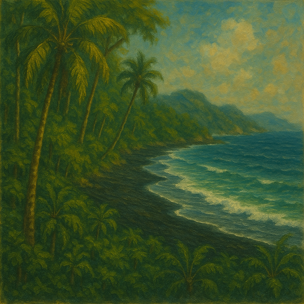Tropical Coastline Black Sand Landscape Painting Wall-Paper