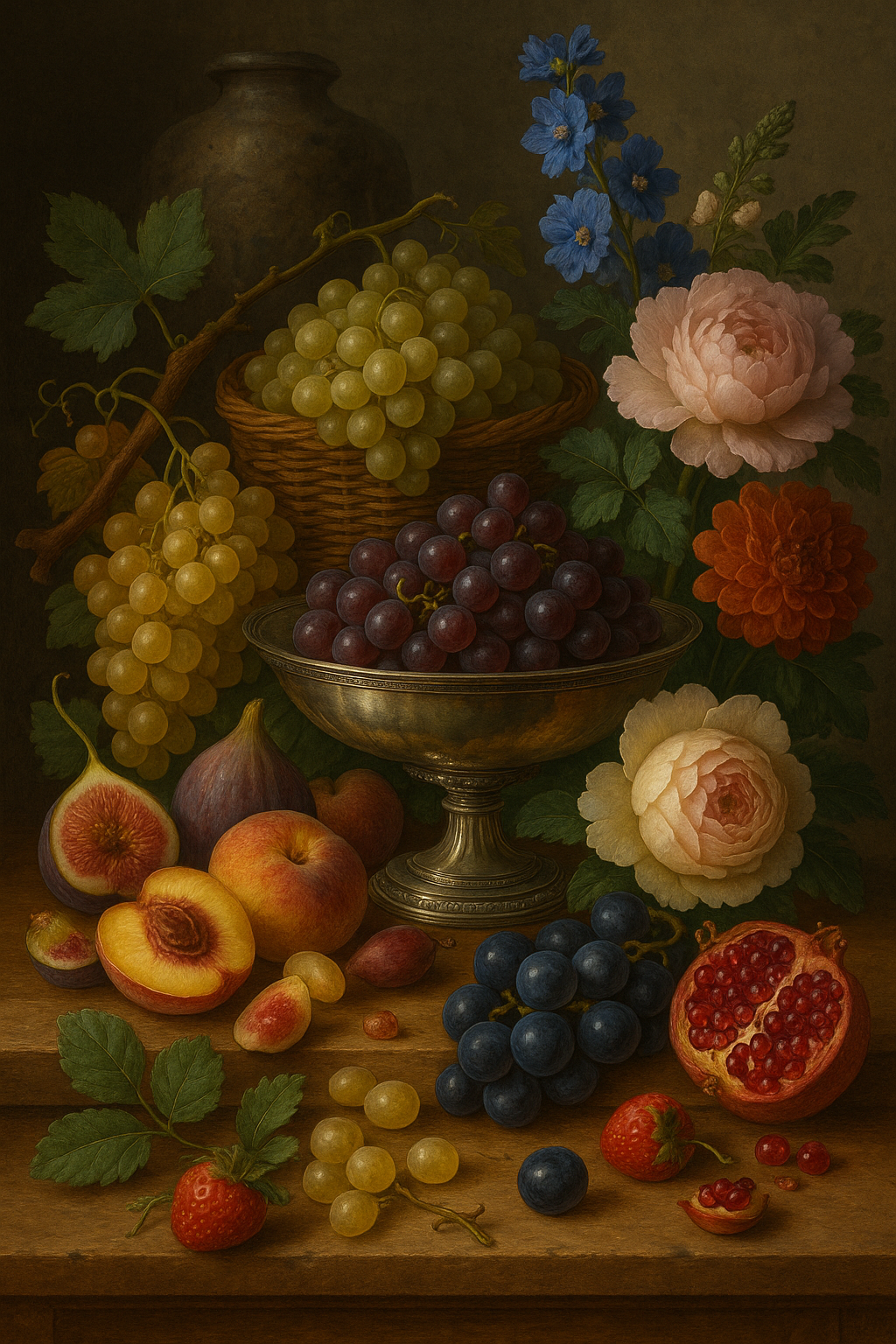 Elegant Fruit and Floral Still Life Painting Wall-Paper