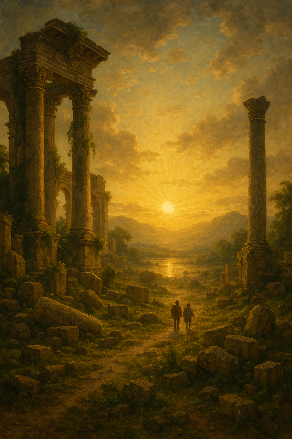 Ancient Ruins Sunset Painting Wall-Paper