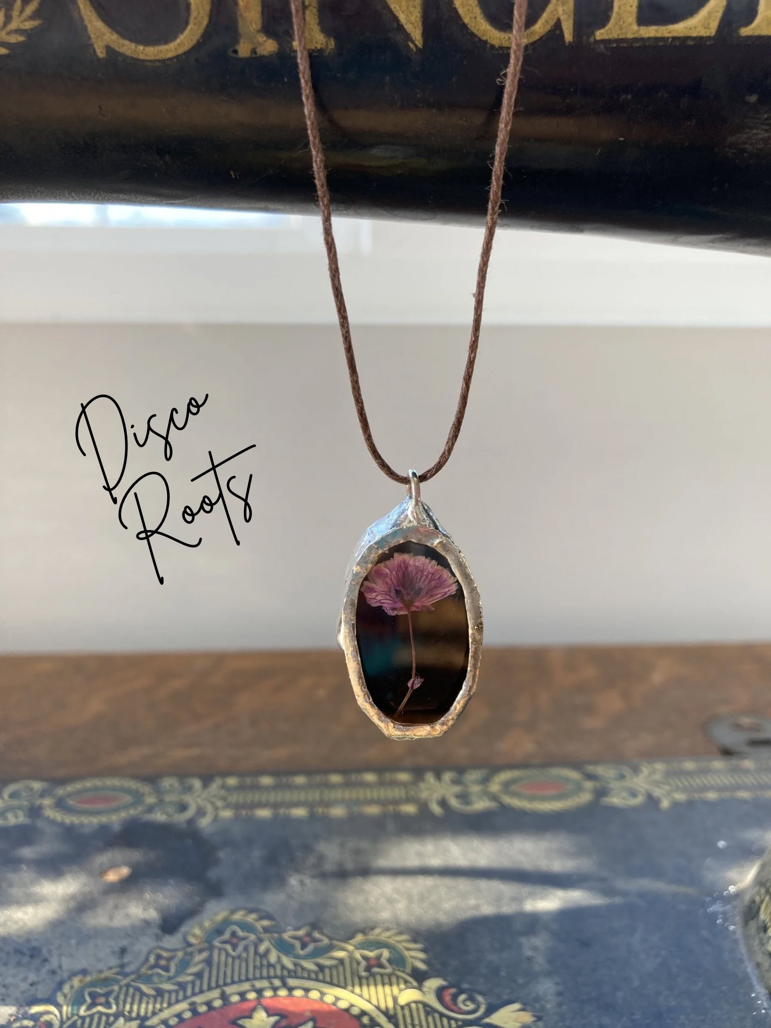 Purple and Black Botanical Stained Glass Pendant and Cord