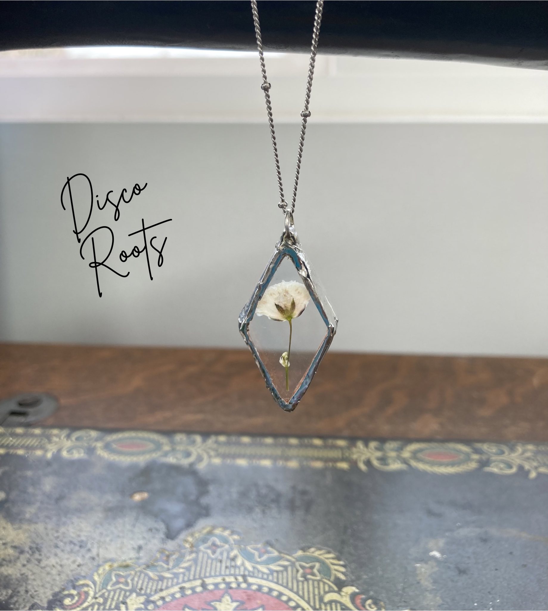 Stained Glass Diamond Suncatcher Pendant and Chain
