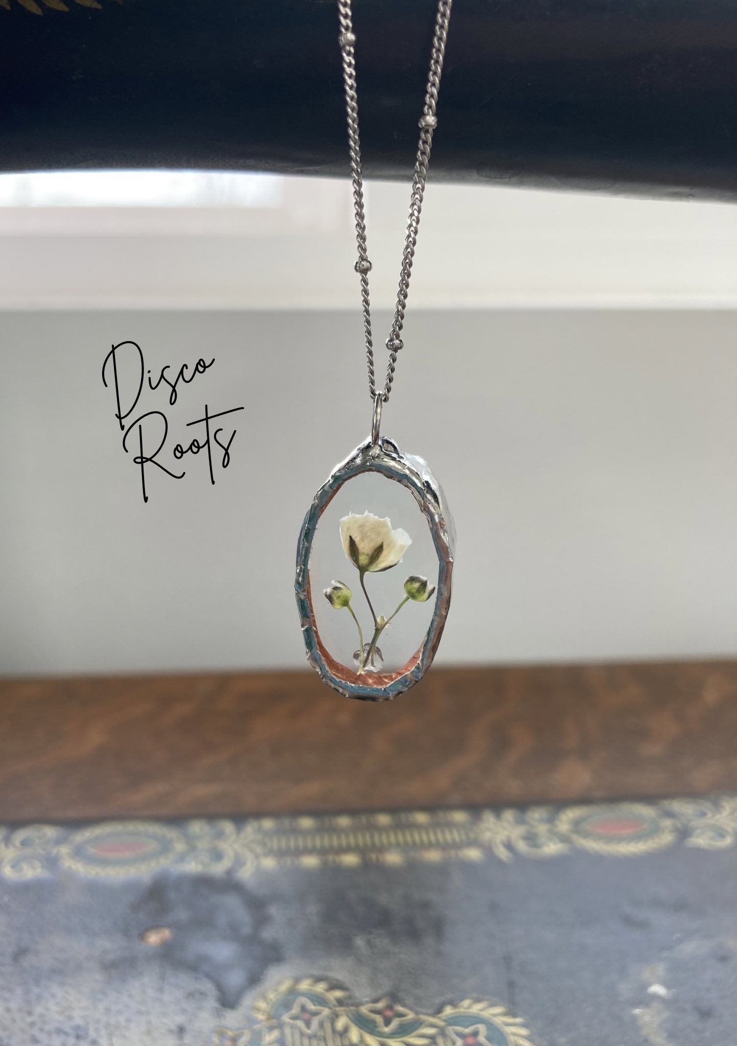 Stained Glass Oval Bouquet Suncatcher Pendant and Chain