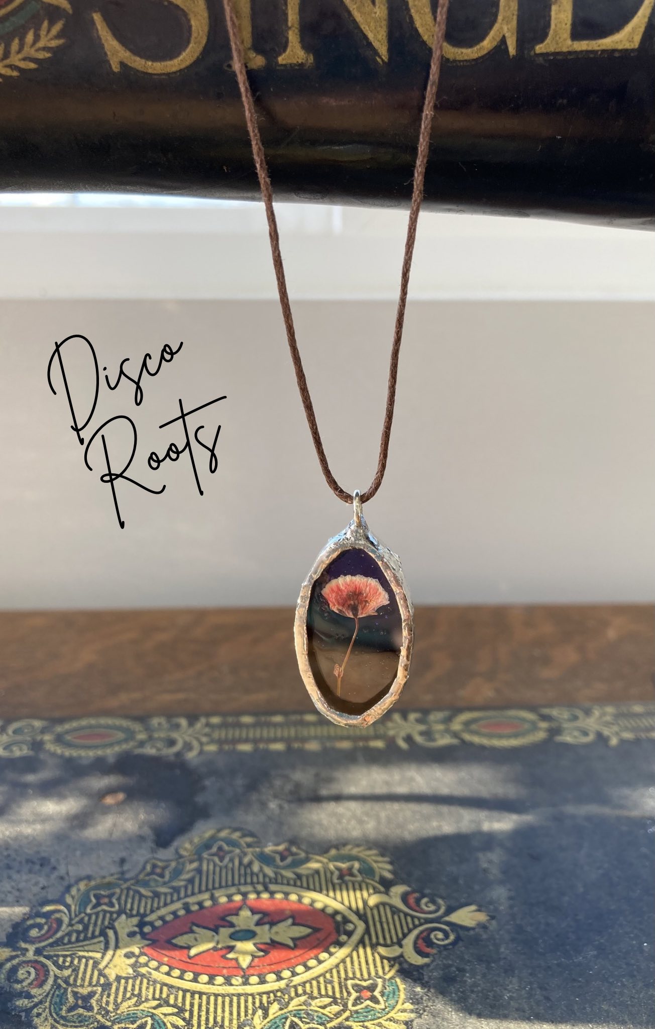 Pink and Black Botanical Stained Glass Pendant and Cord