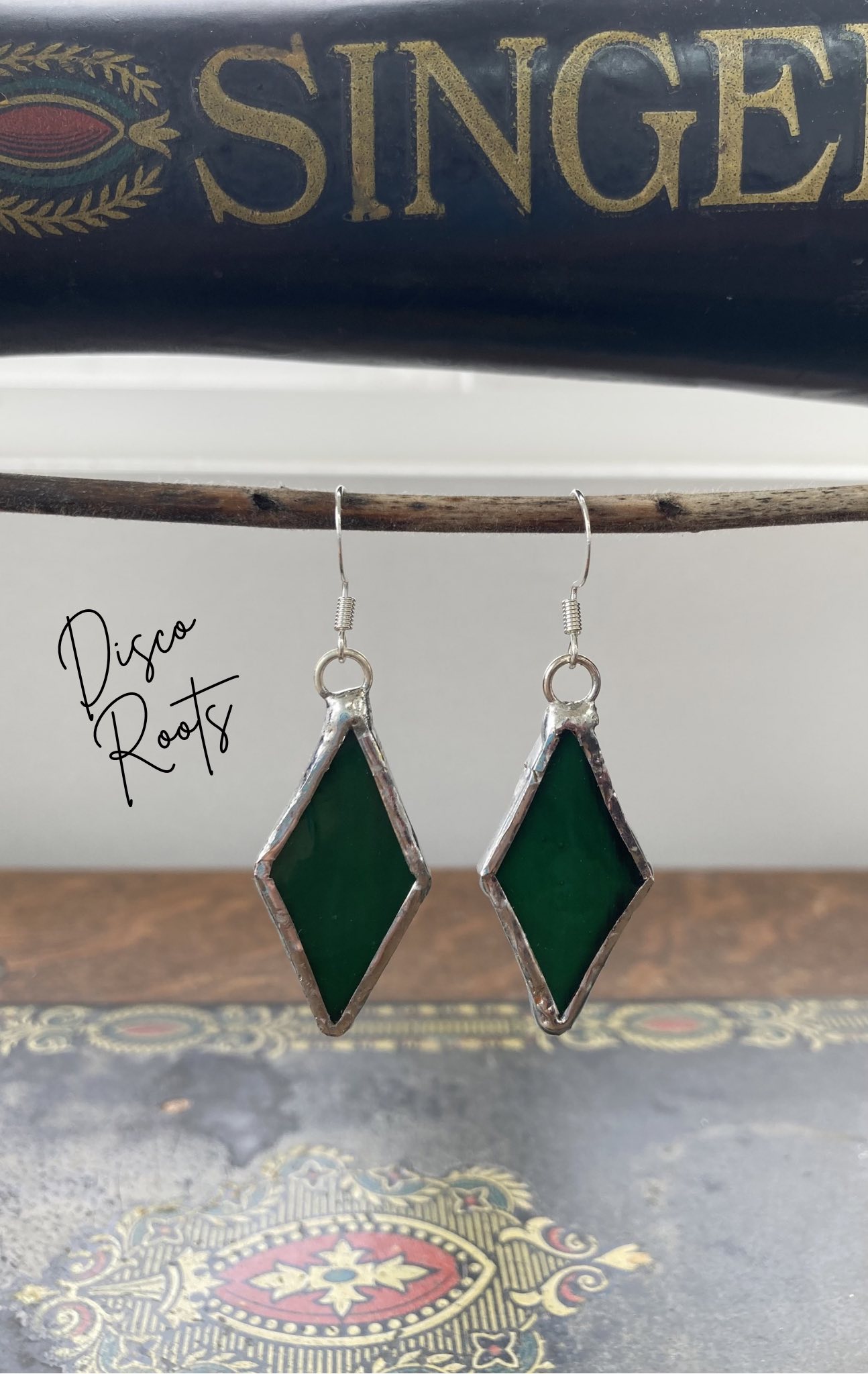 Emerald Diamond Stained Glass Earrings