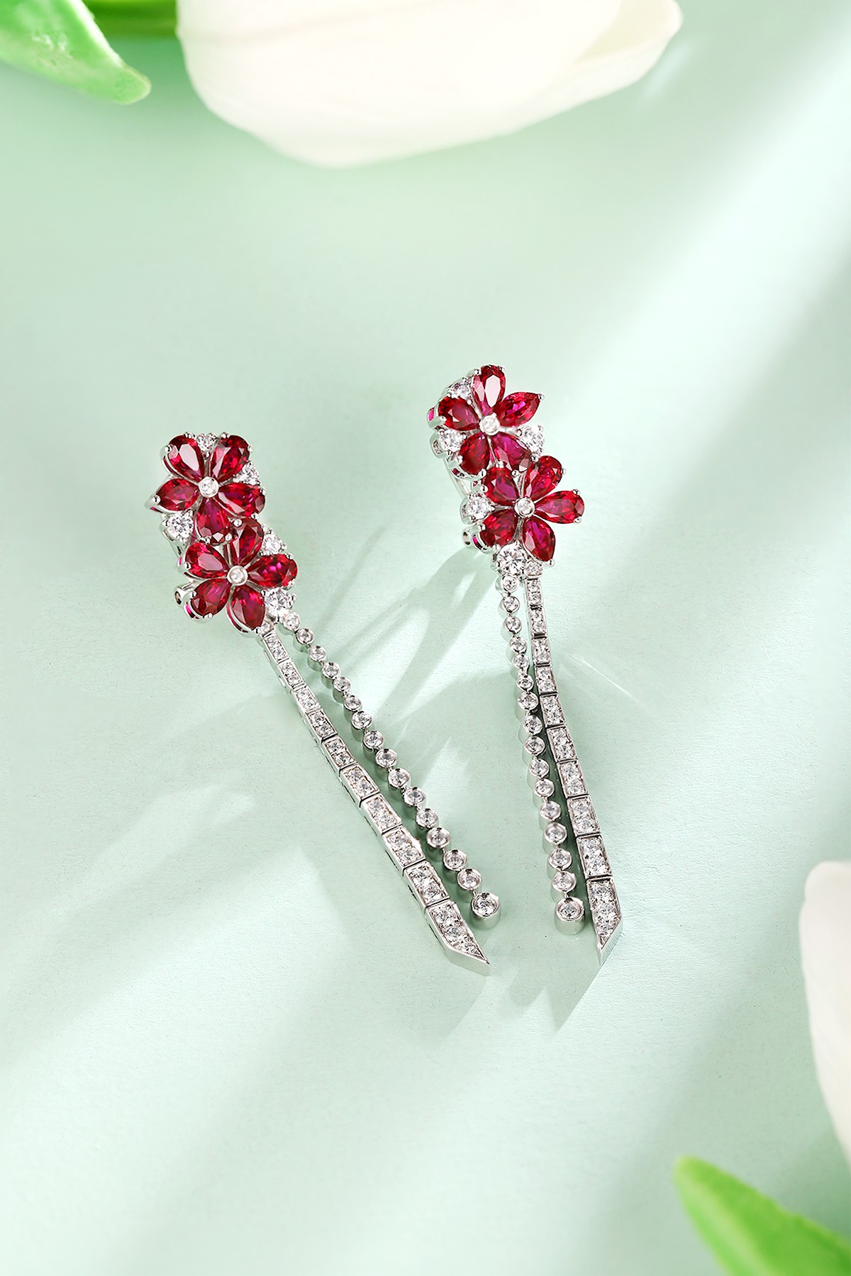 Red Floral Crystal Drop Earrings