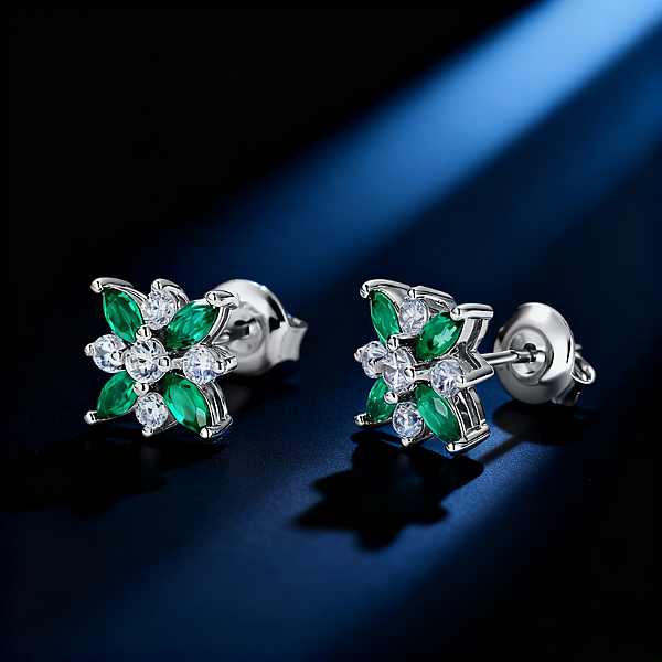 Emerald and Diamond Flower Stud Earrings