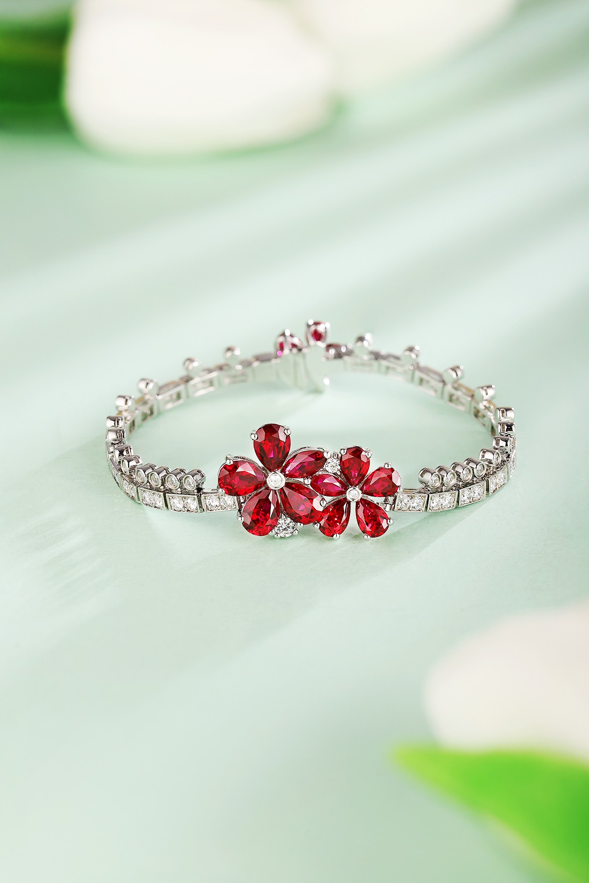 Ruby Flower Silver Bracelet