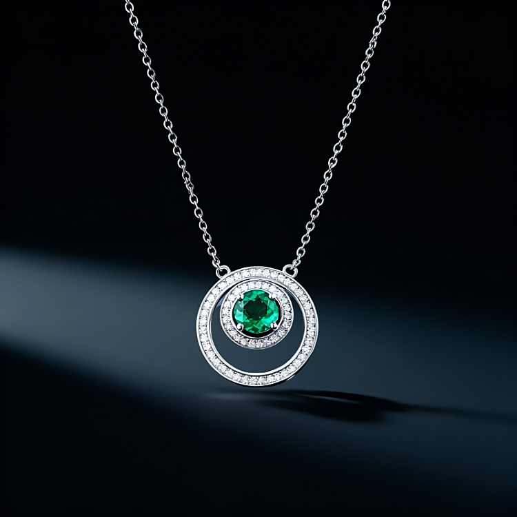 Emerald Double Halo Pendant Necklace