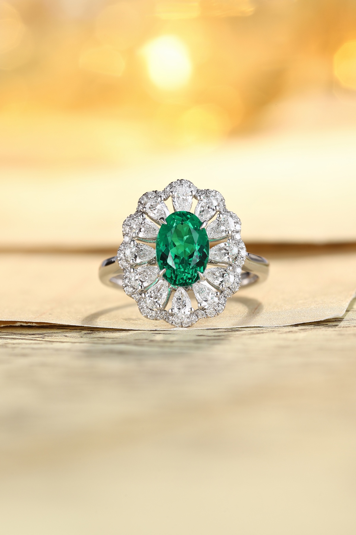 Emerald and Diamond Halo Ring