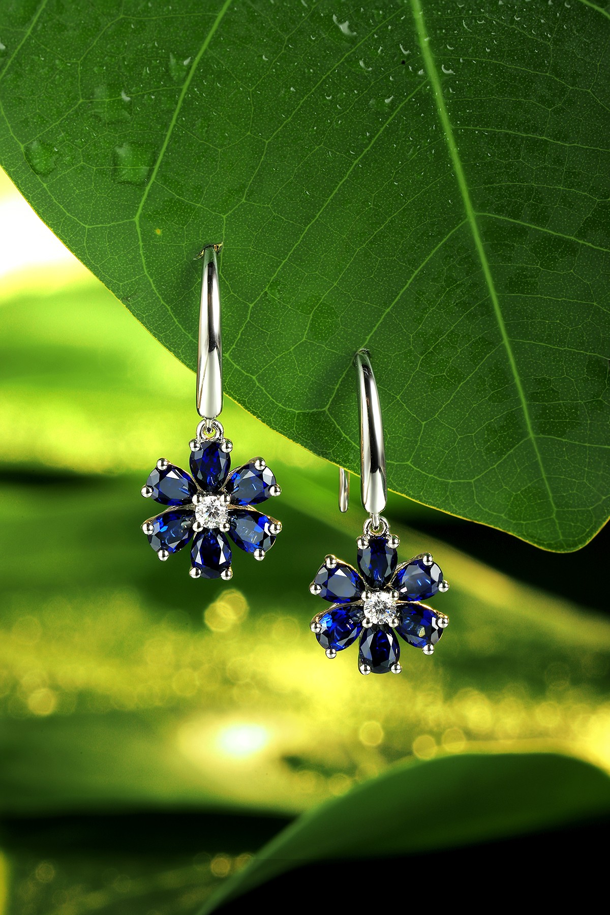 Blue sapphire flower earrings