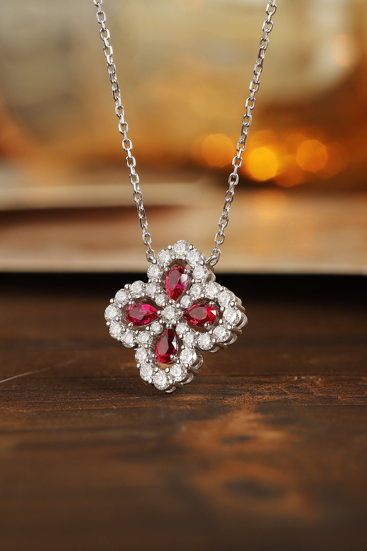 Ruby and Diamond Floral Pendant Necklace