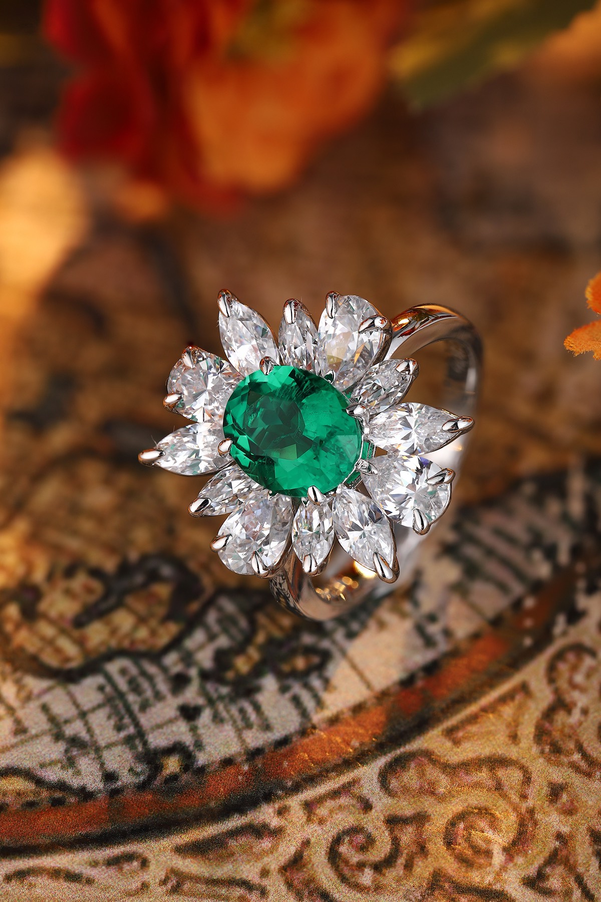 Emerald Flower Ring