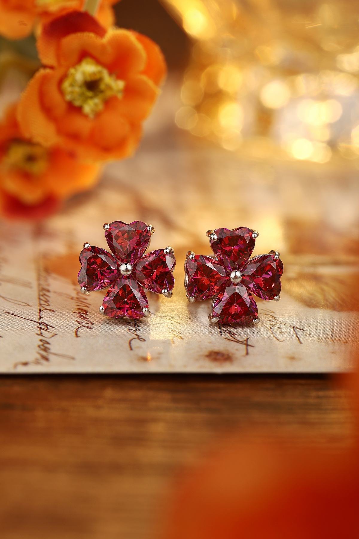 Ruby Flower Stud Earrings