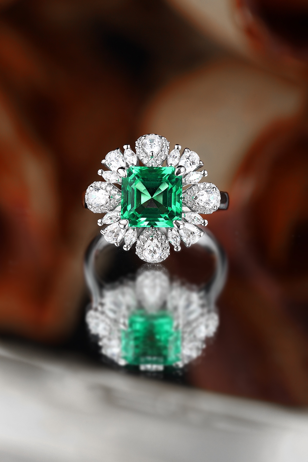 Emerald and Diamond Halo Ring
