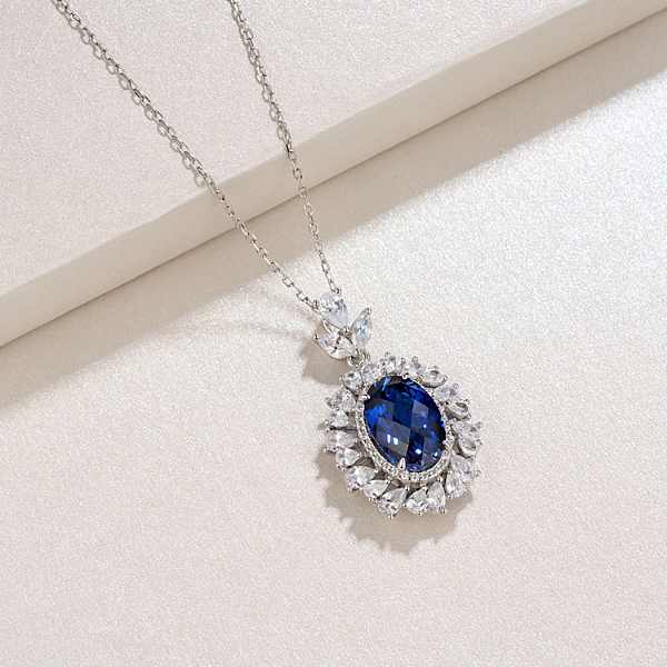 Blue Sapphire Halo Pendant Necklace