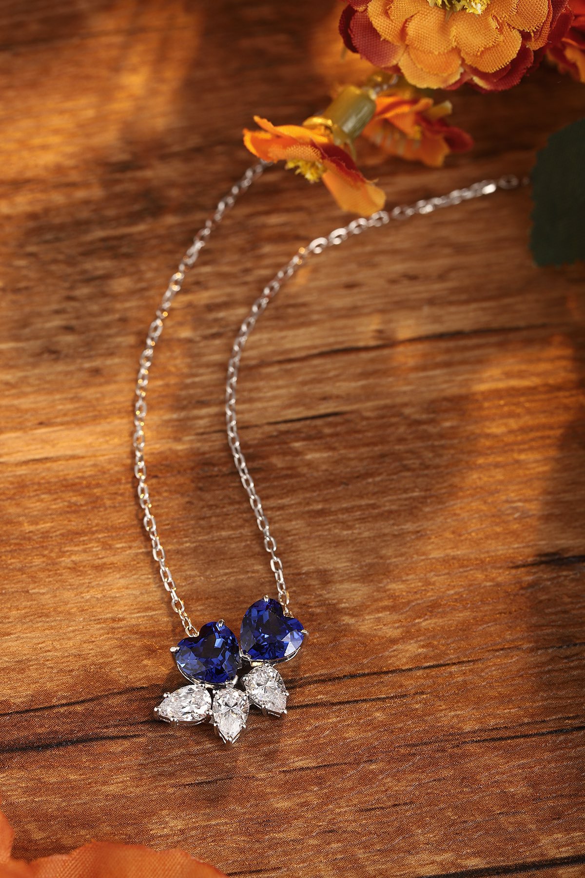 Sapphire and Diamond Floral Pendant Necklace