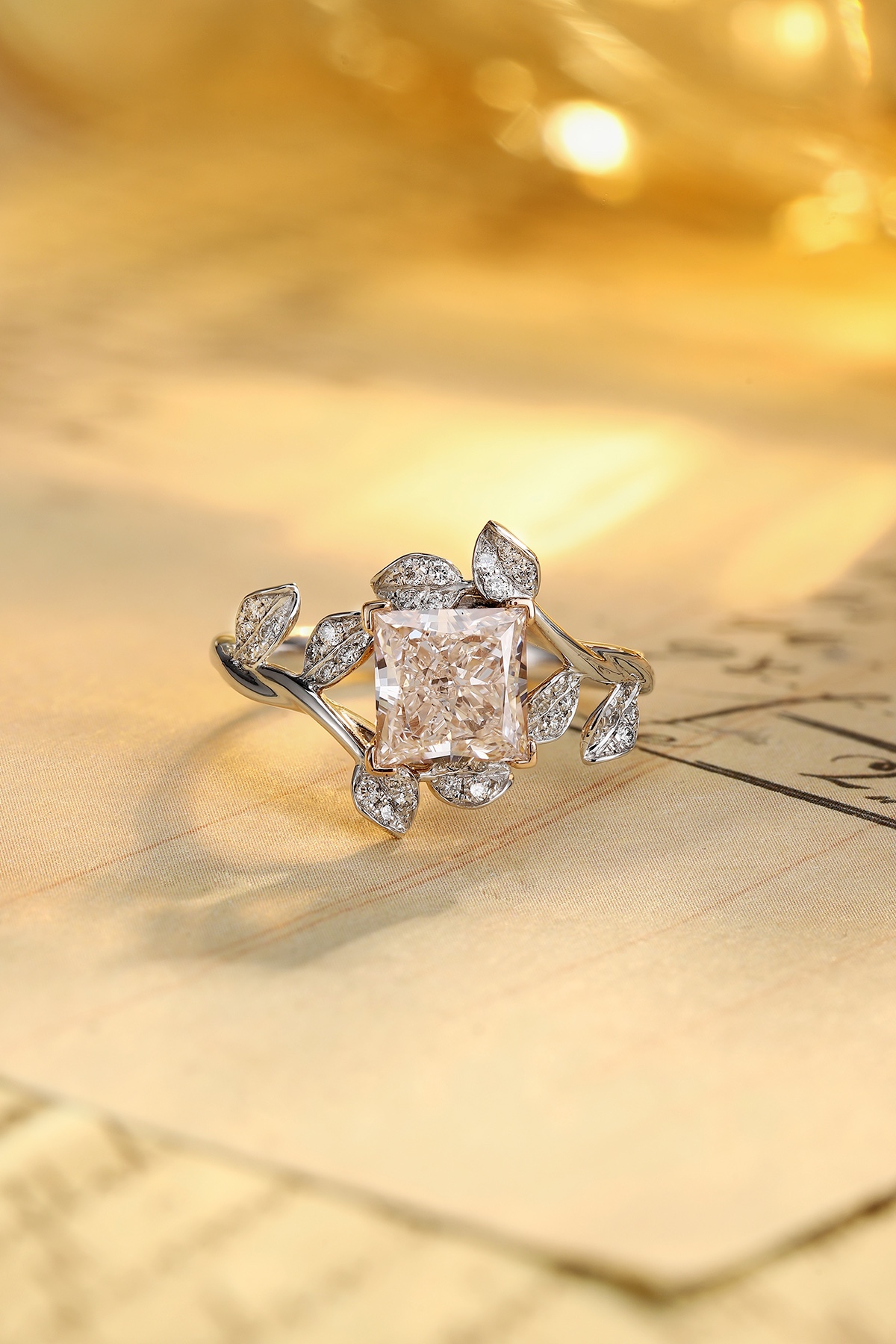 Elegant leaf motif diamond ring
