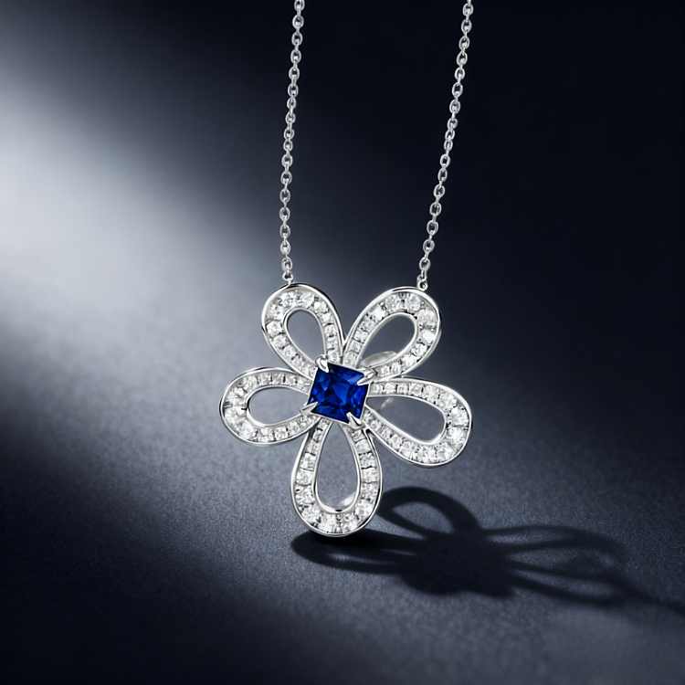 Diamond Flower Necklace with Sapphire Center