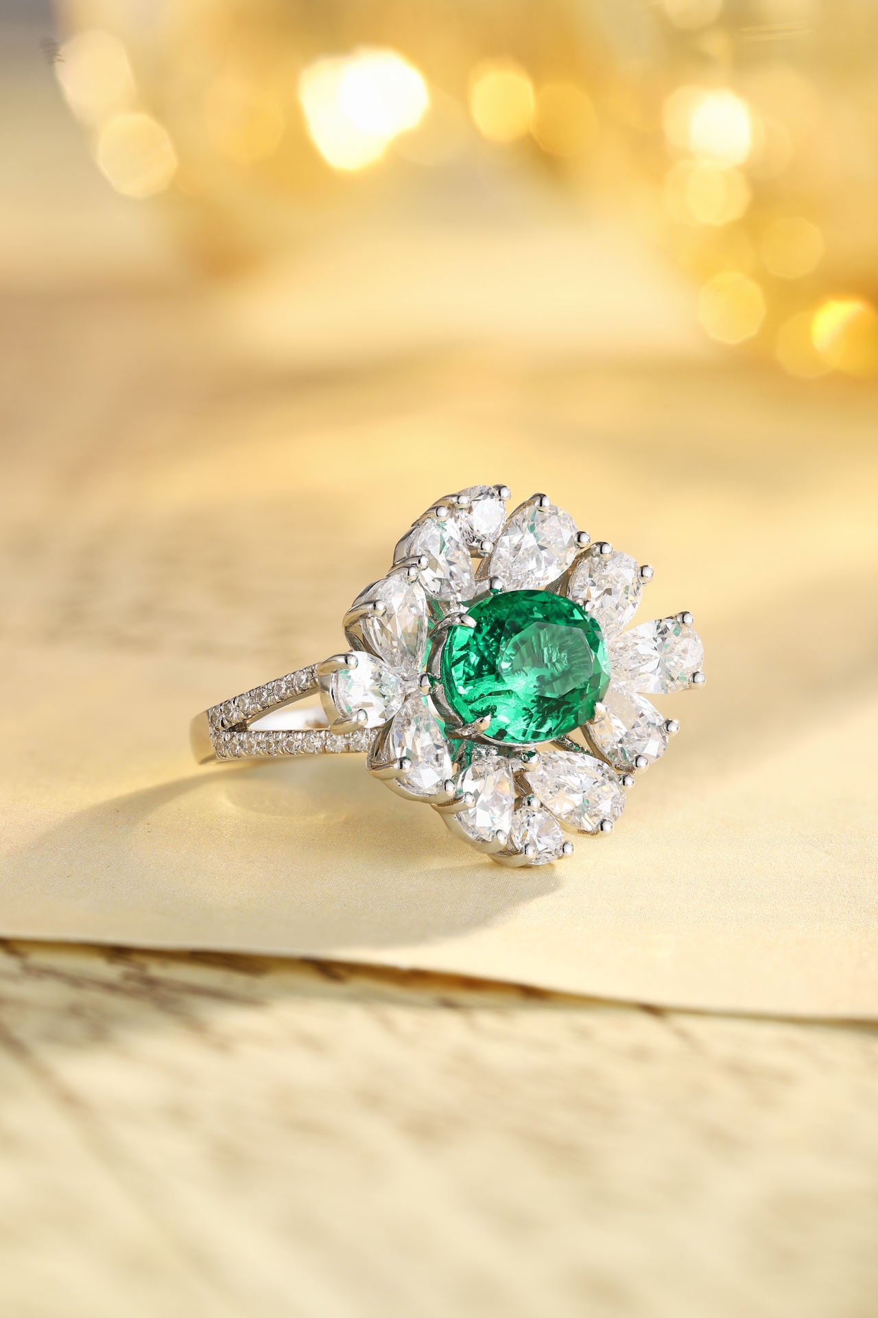 Emerald and Diamond Flower Ring