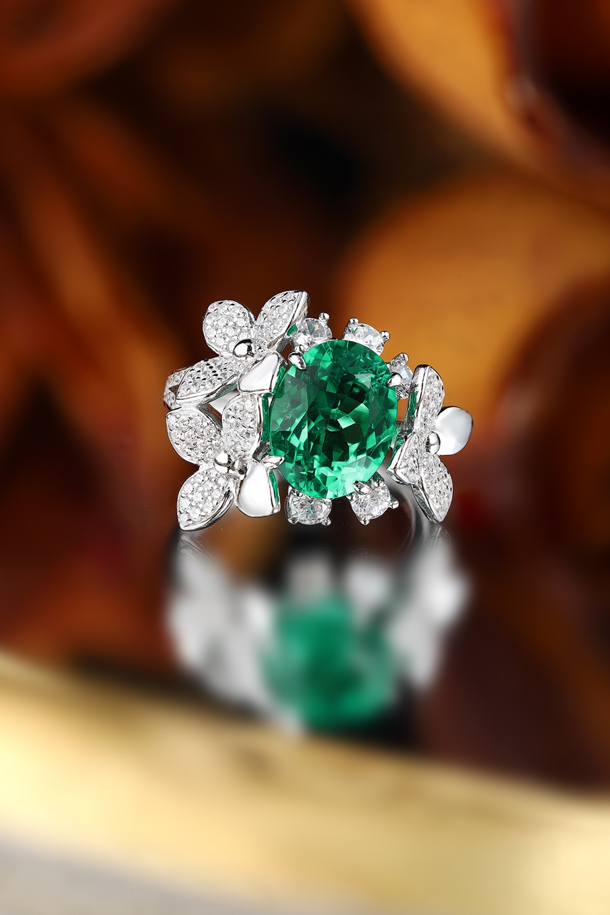 Emerald and Diamond Flower Ring