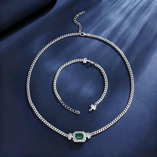 Emerald Silver Necklace and Bracelet Set