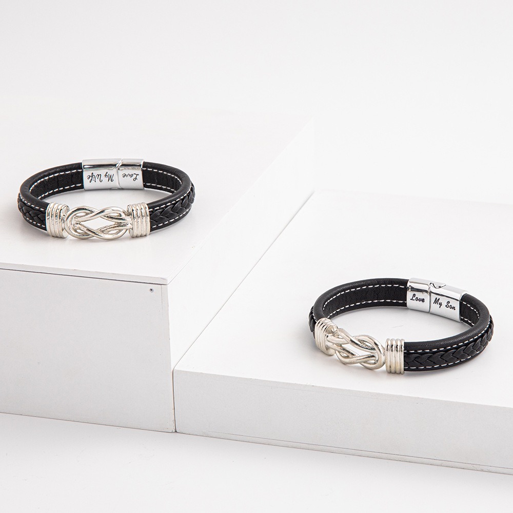 Men's Leather Bracelet with Silver Knot